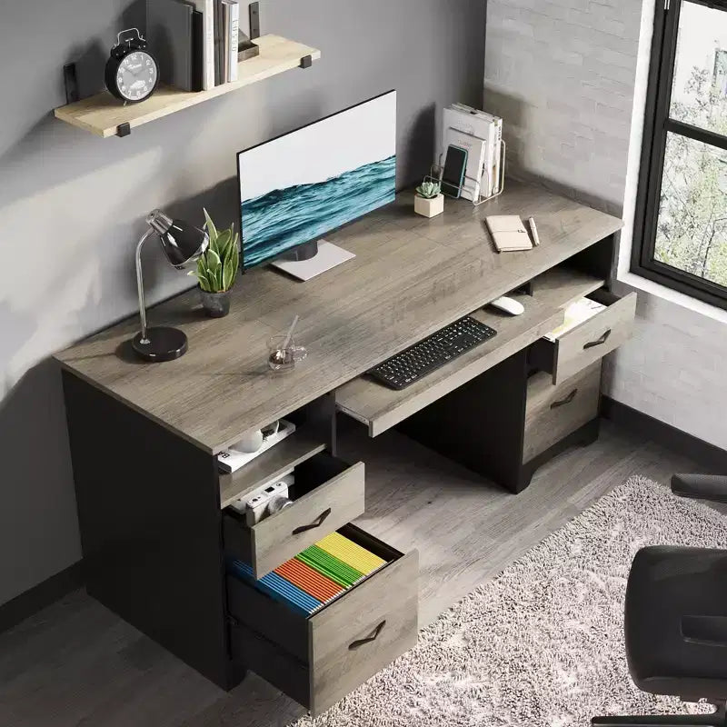 Scrivania per computer da 59" con 4 cassetti e vassoio per tastiera – Marrone/Grigio, monoposto