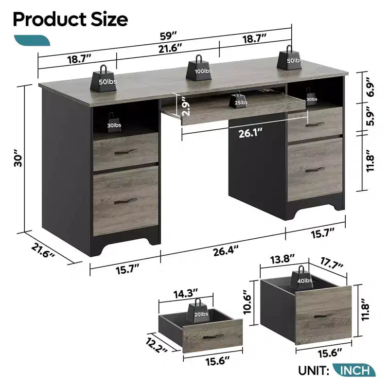 Scrivania per computer da 59" con 4 cassetti e vassoio per tastiera – Marrone/Grigio, monoposto