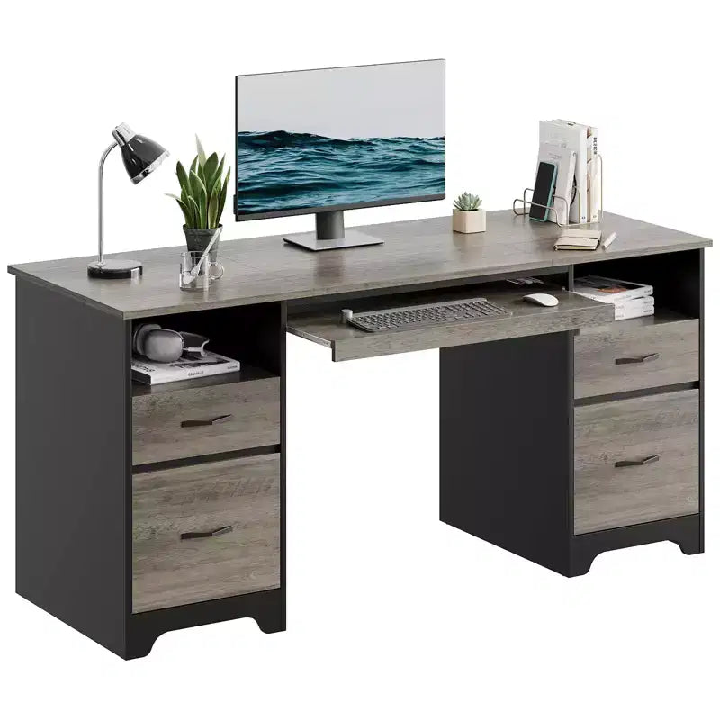 Scrivania per computer da 59" con 4 cassetti e vassoio per tastiera – Marrone/Grigio, monoposto