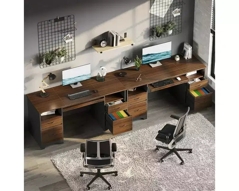 Scrivania per computer da 59" con 4 cassetti e vassoio per tastiera – Marrone/Grigio, monoposto