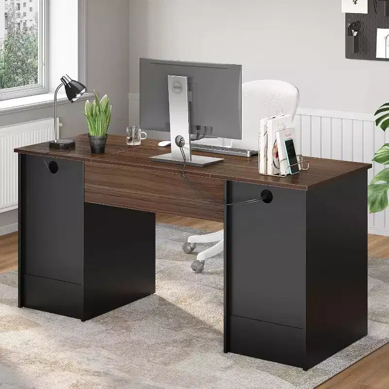Scrivania per computer da 59" con 4 cassetti e vassoio per tastiera – Marrone/Grigio, monoposto