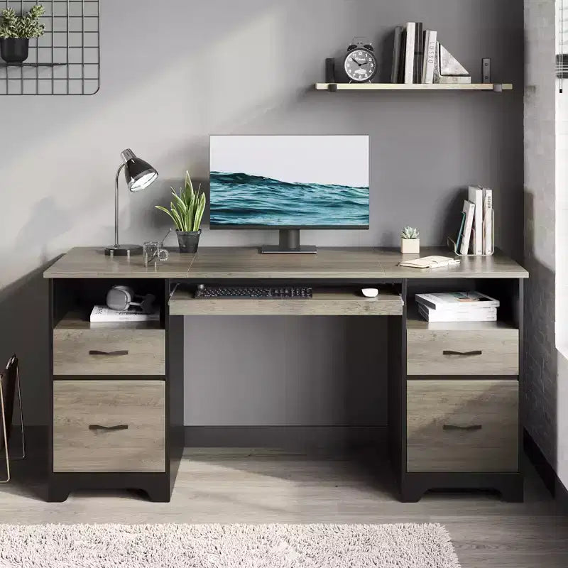 Scrivania per computer da 59" con 4 cassetti e vassoio per tastiera – Marrone/Grigio, monoposto