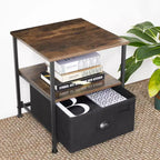 Nightstand, 3-Tier Bedside Table with Drawer, 2 Shelves, Fabric Drawer Dresser, Industrial End Table, for Hallway, Closet, Rustic Brown and Black
