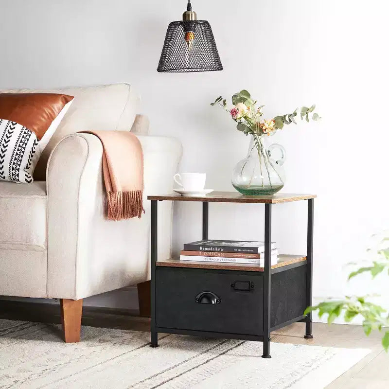 Comodino Marrone Rustico e Nero con Cassetto e 2 Ripiani, Stile Industriale, 1 Posto