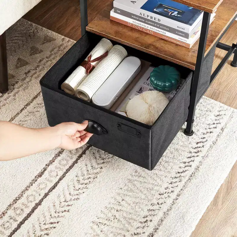 Comodino Marrone Rustico e Nero con Cassetto e 2 Ripiani, Stile Industriale, 1 Posto