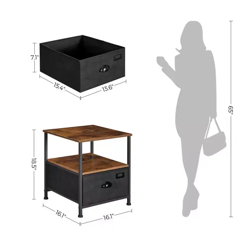 Comodino Marrone Rustico e Nero con Cassetto e 2 Ripiani, Stile Industriale, 1 Posto