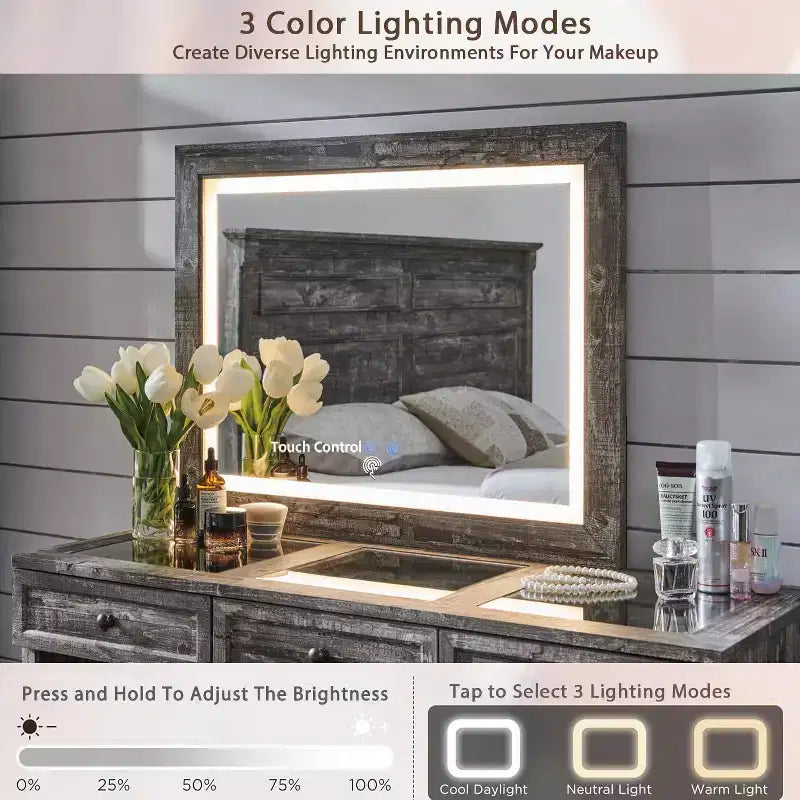 Toeletta rustica con specchio LED e 9 cassetti – Marrone / Grigio / Bianco, 1 persona