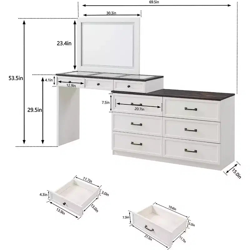Toeletta rustica con specchio LED e 9 cassetti – Marrone / Grigio / Bianco, 1 persona