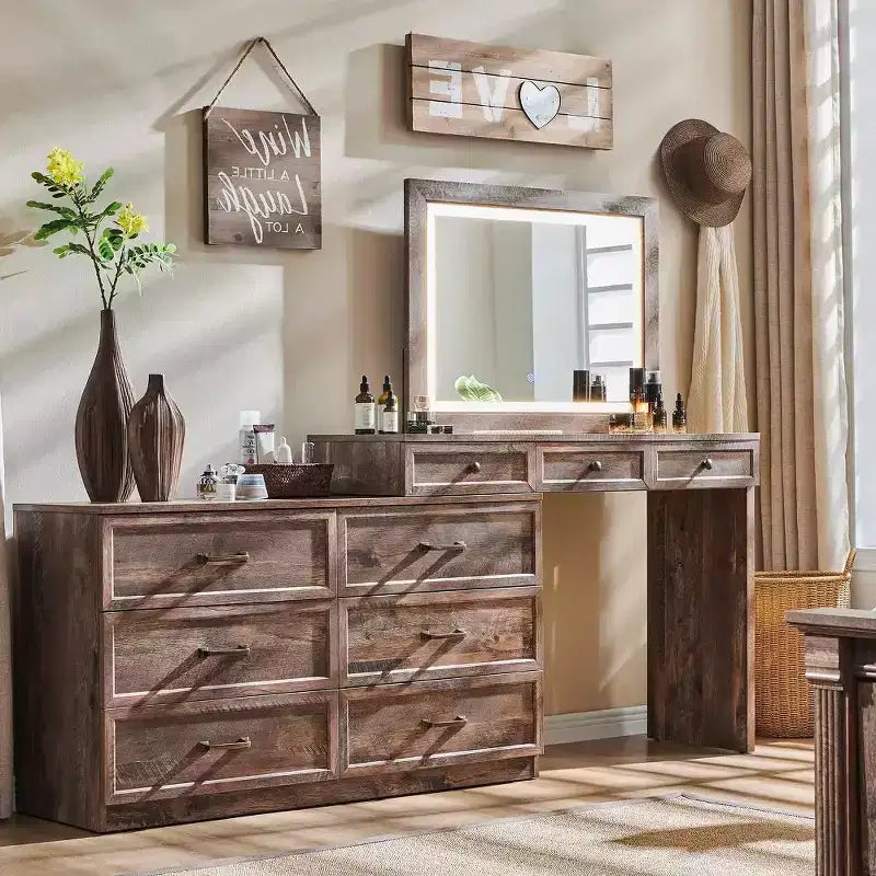 69 Vanity Tables with Glass Top & Led Mirror, Farmhouse Makeup Table with 9 Drawers, Rustic Vanity Desk for Bedroom