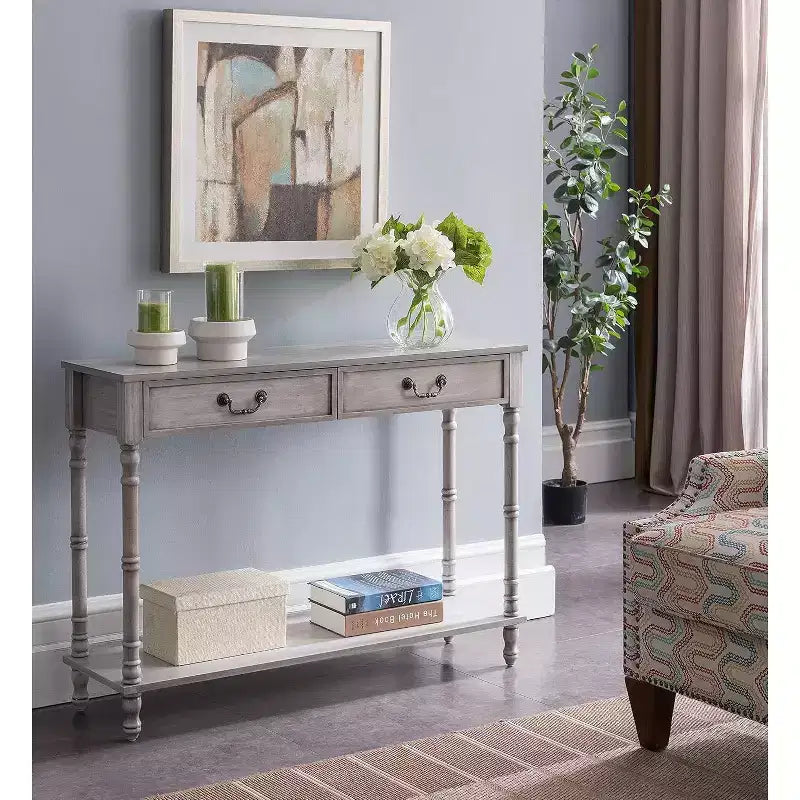 Kings Brand Furniture  2 Drawer Wooden Hall Console Sofa Table, Washed Oak Finish