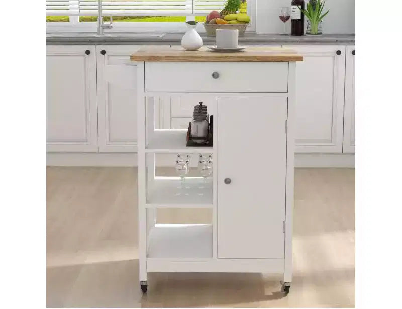 Rolling Kitchen Island Cart on Wheels, Kitchen Trolley with Rubberwood Countertop, 1 Drawer, 2 Doors, Towel Rack, for Kitchen Garage Home Office