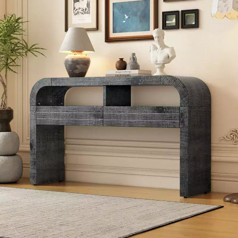 Tavolo consolle nero retrò curvo con 2 cassetti