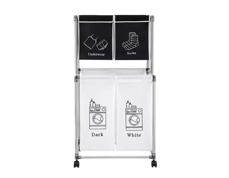 Laundry Sorter Rolling 4-Section, 2-Tier Vertical Hamper with Wheels, Stackable Laundry Basket System for Bathroom, Laundry Room, Bedroom, Light Dark