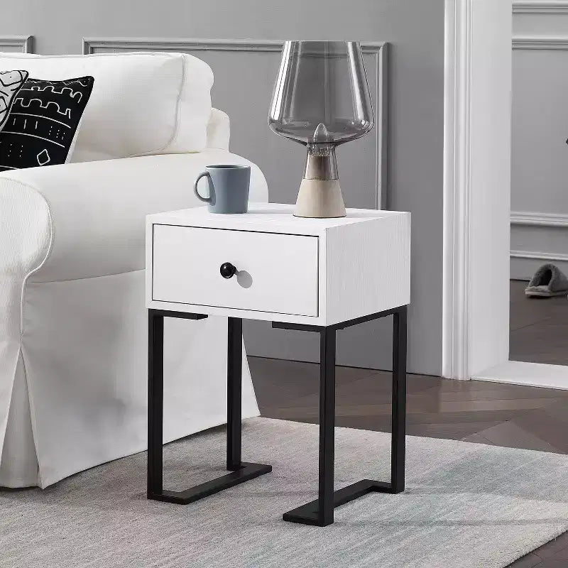 VECELO Vintage Nightstand with Storage Drawer, End/Side Table for Bedroom or Living Room, Metal Frame, Brown/White