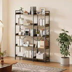 Libreria ad angolo a 5 ripiani marrone e nera con 4 ganci, stile industriale, montaggio con 1 persona