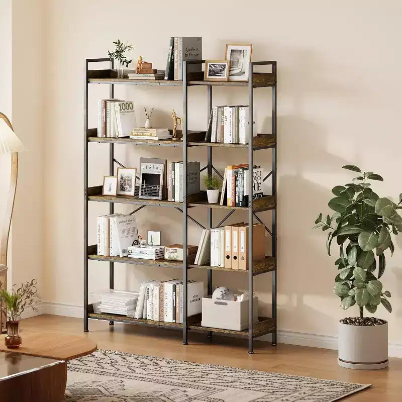 Libreria ad angolo a 5 ripiani marrone e nera con 4 ganci, stile industriale, montaggio con 1 persona