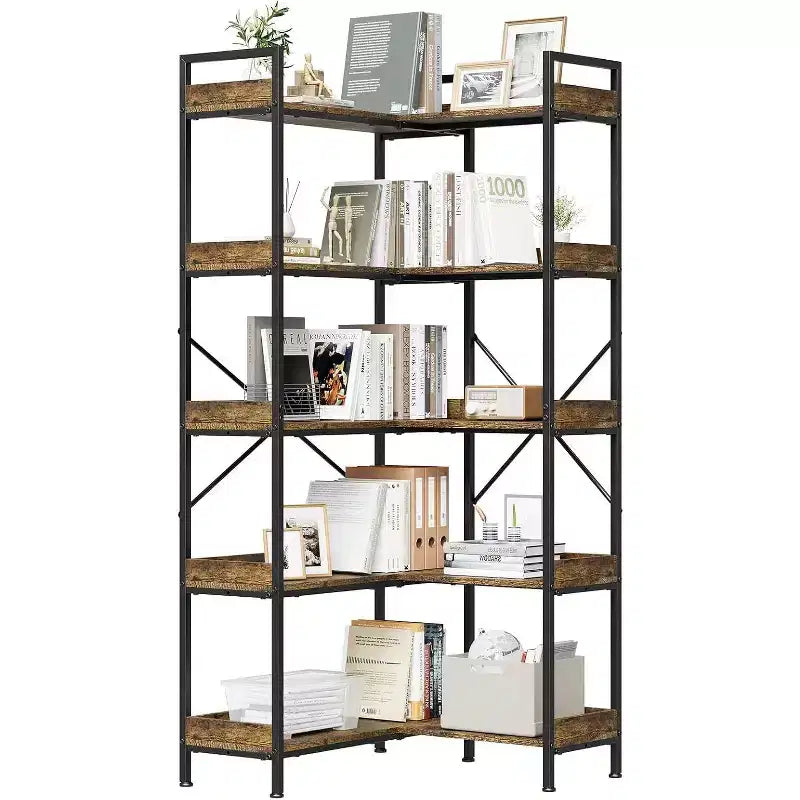 Libreria ad angolo a 5 ripiani marrone e nera con 4 ganci, stile industriale, montaggio con 1 persona