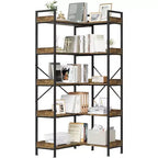 Libreria ad angolo a 5 ripiani marrone e nera con 4 ganci, stile industriale, montaggio con 1 persona