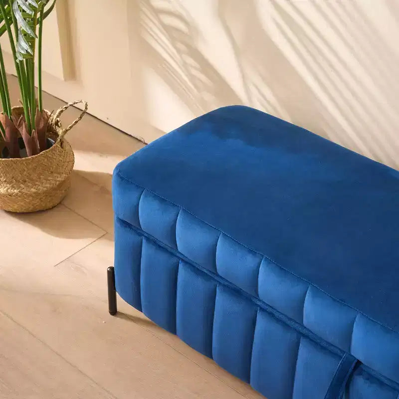 Panca contenitore in velluto beige/blu navy con gambe in metallo – 1 posto
