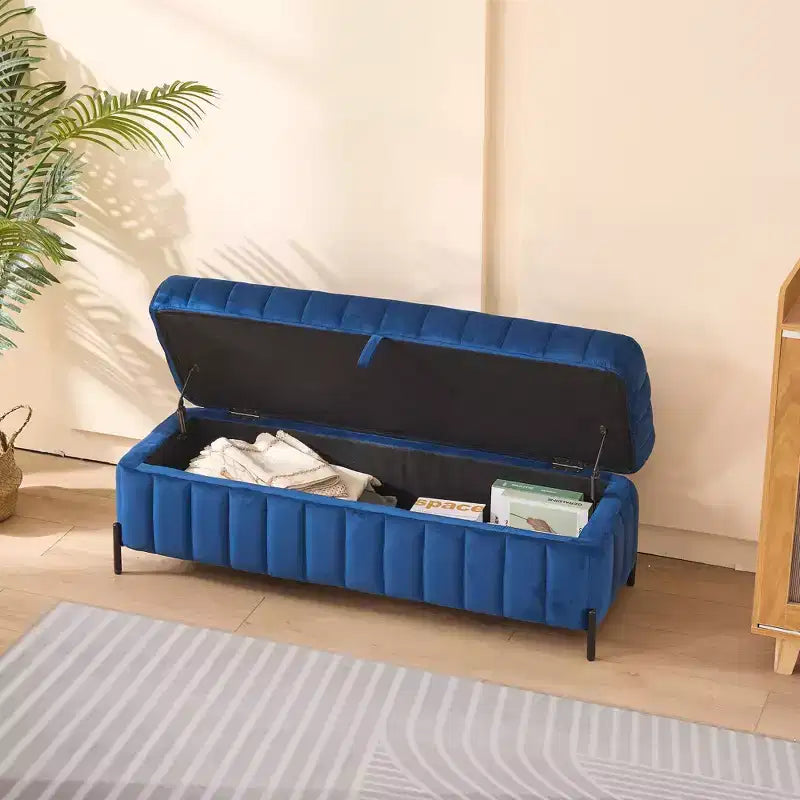 Panca contenitore in velluto beige/blu navy con gambe in metallo – 1 posto