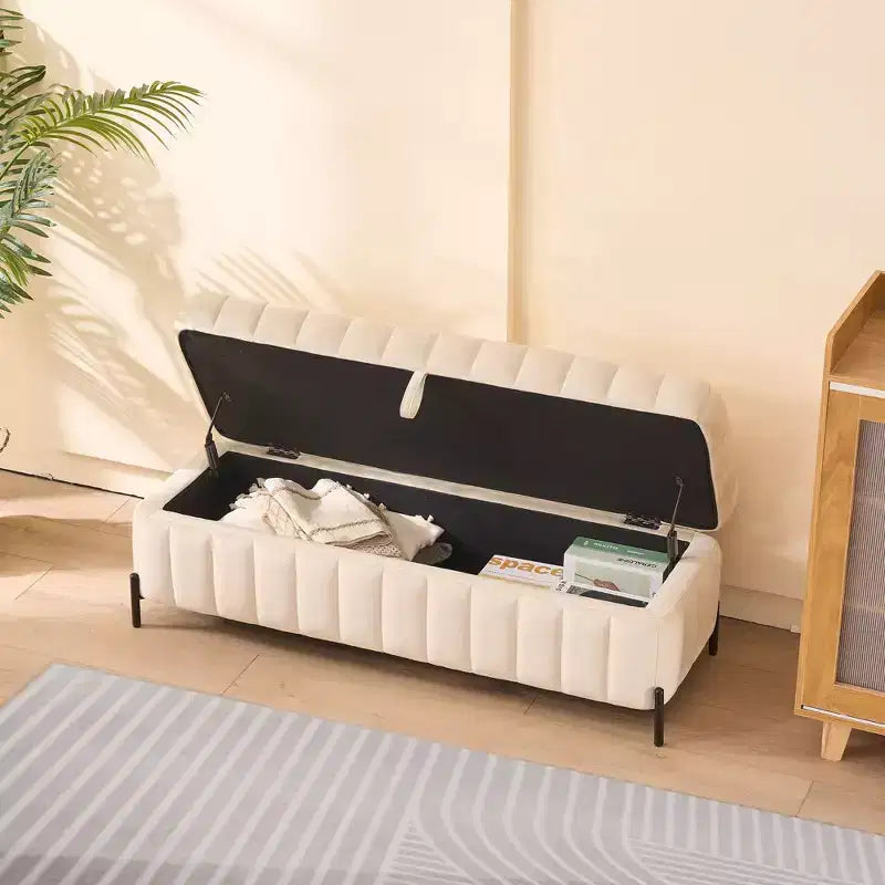 Panca contenitore in velluto beige/blu navy con gambe in metallo – 1 posto