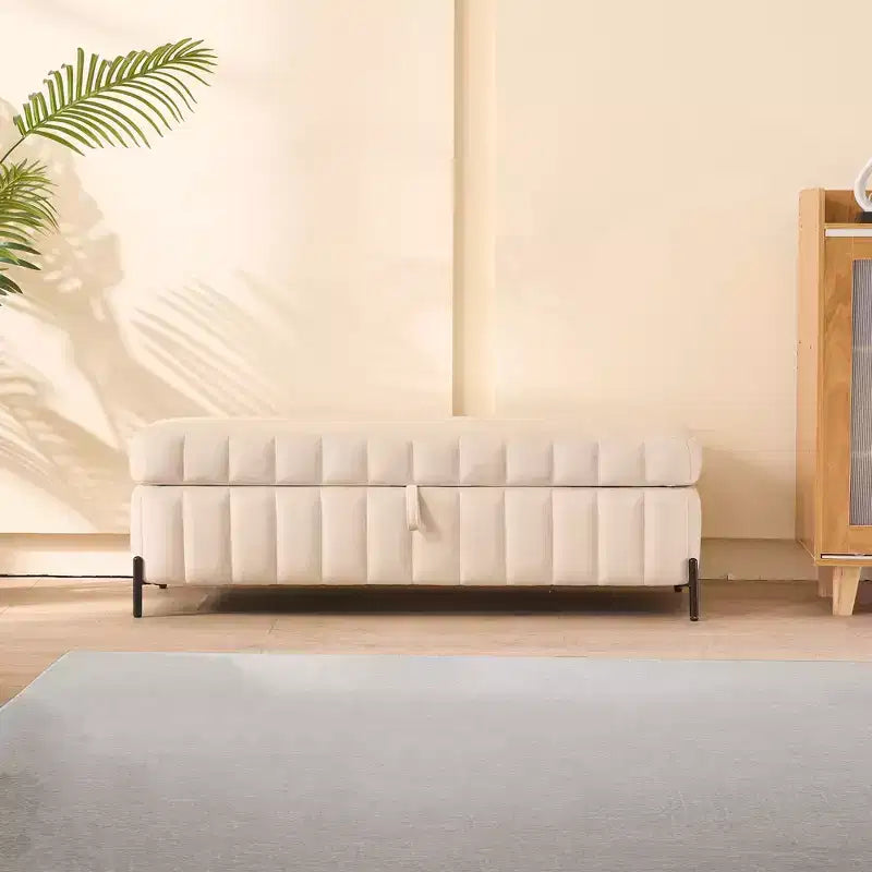 Panca contenitore in velluto beige/blu navy con gambe in metallo – 1 posto