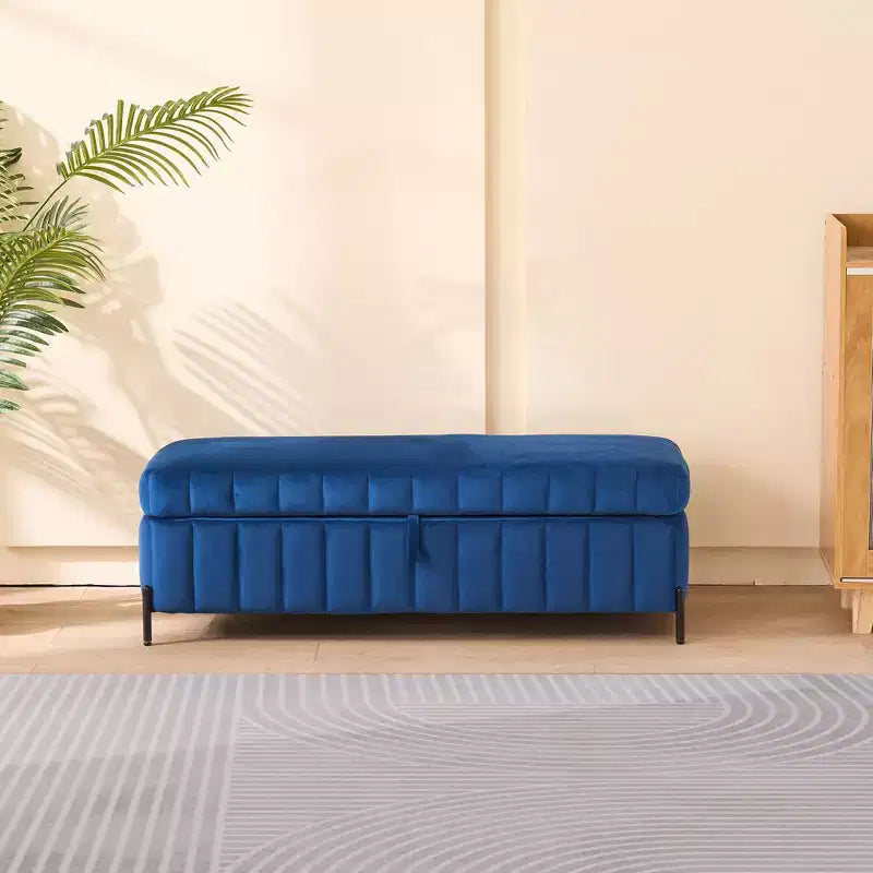 Panca contenitore in velluto beige/blu navy con gambe in metallo – 1 posto