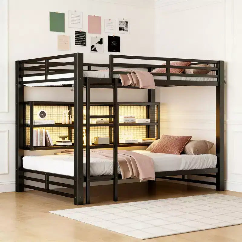 Luxystar Queen Size Metal Bunk Bed with 6 Open Storage Cabinets and 7-Color LED, Black