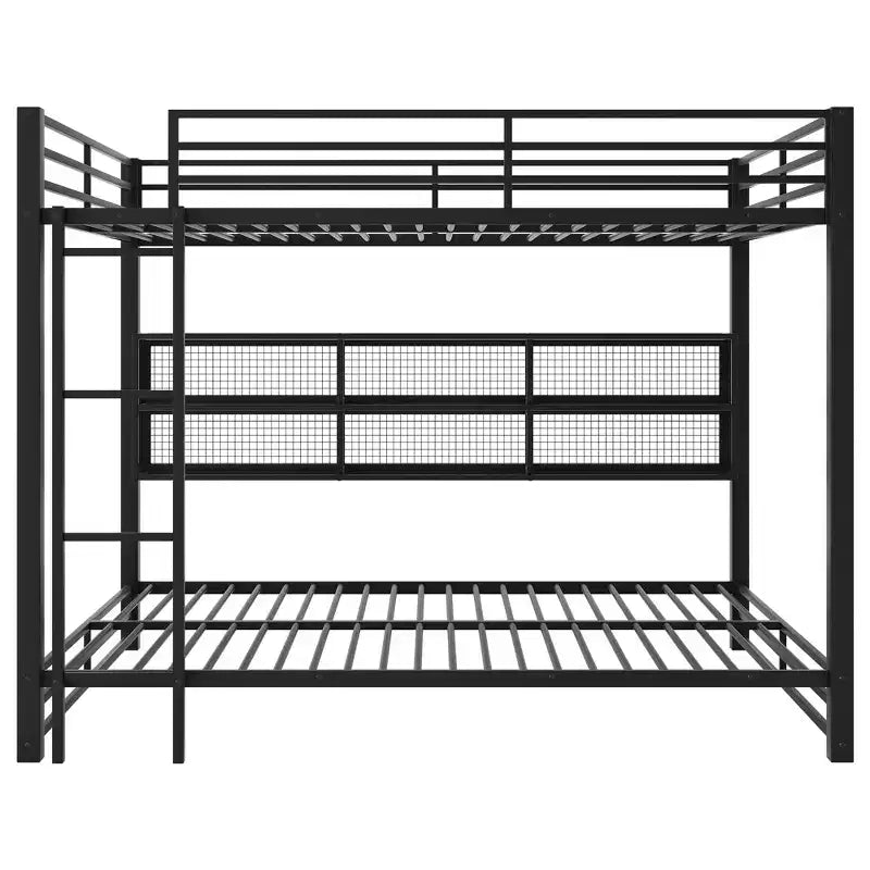 Letto a castello in metallo nero "Queen-over-Queen" con luci LED e contenitore, 2 posti letto