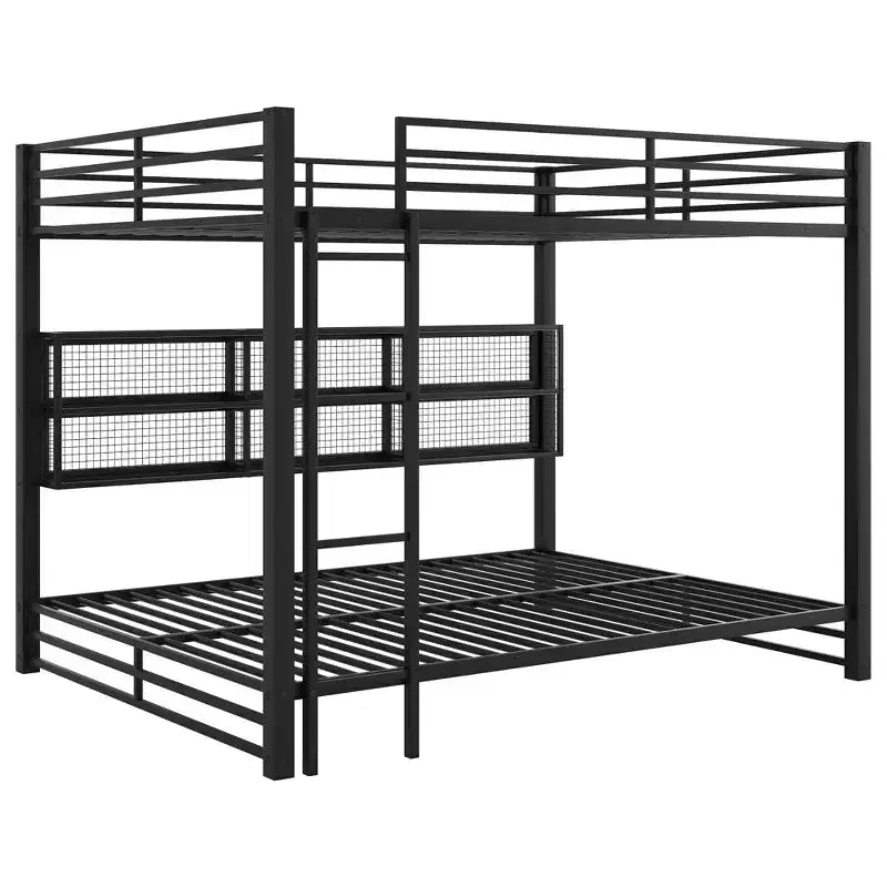 Letto a castello in metallo nero "Queen-over-Queen" con luci LED e contenitore, 2 posti letto