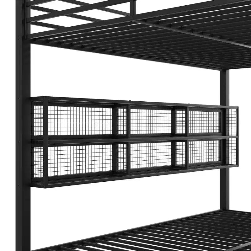 Letto a castello in metallo nero "Queen-over-Queen" con luci LED e contenitore, 2 posti letto