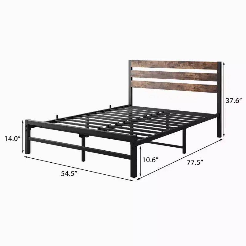 Telaio letto a piattaforma in metallo nero a grandezza naturale con testiera in legno, per 2