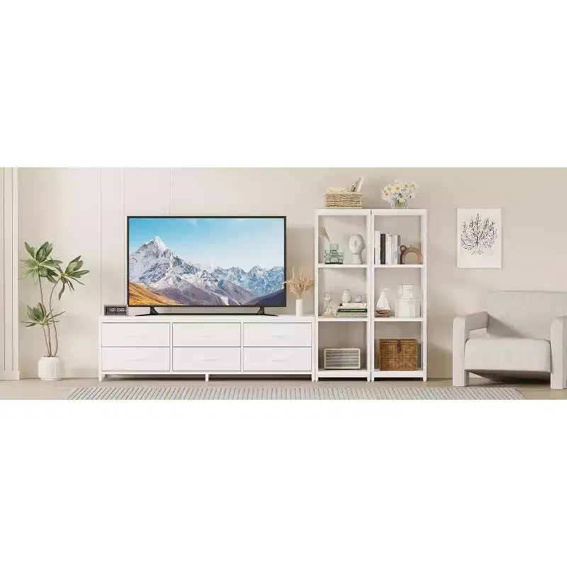 Mobile TV bianco e nero per TV fino a 75" – Cassetti in tessuto, ripiani aperti a 4 livelli, 6 o 9 cassetti, montaggio da 1 a 2 persone