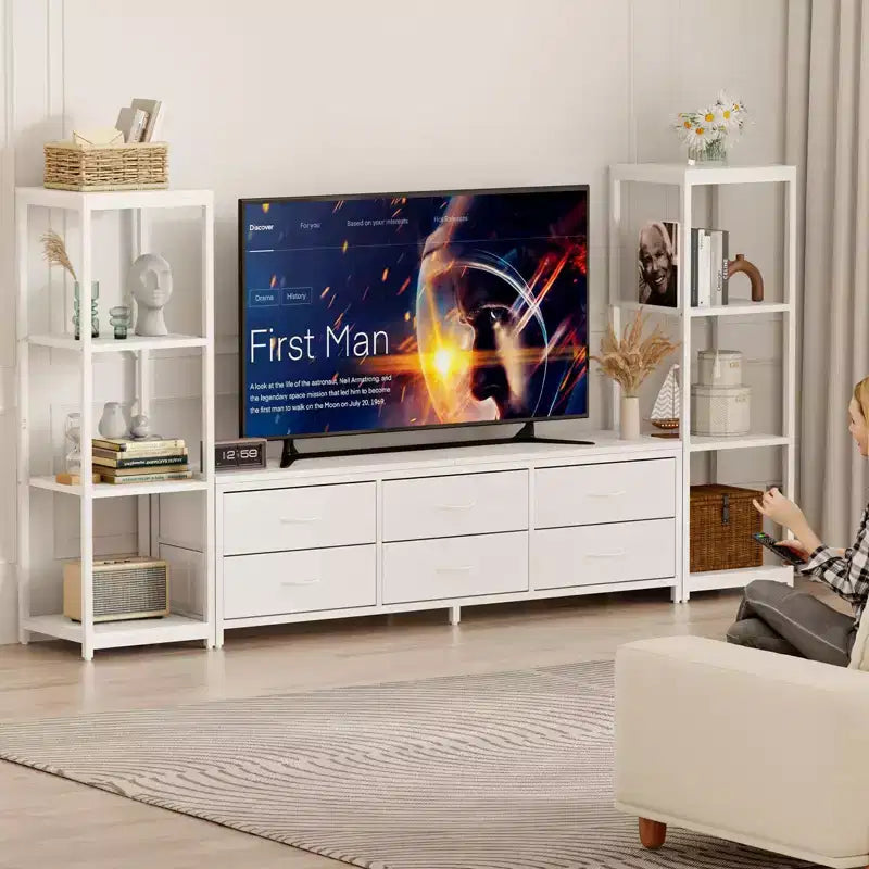 Mobile TV bianco e nero per TV fino a 75" – Cassetti in tessuto, ripiani aperti a 4 livelli, 6 o 9 cassetti, montaggio da 1 a 2 persone
