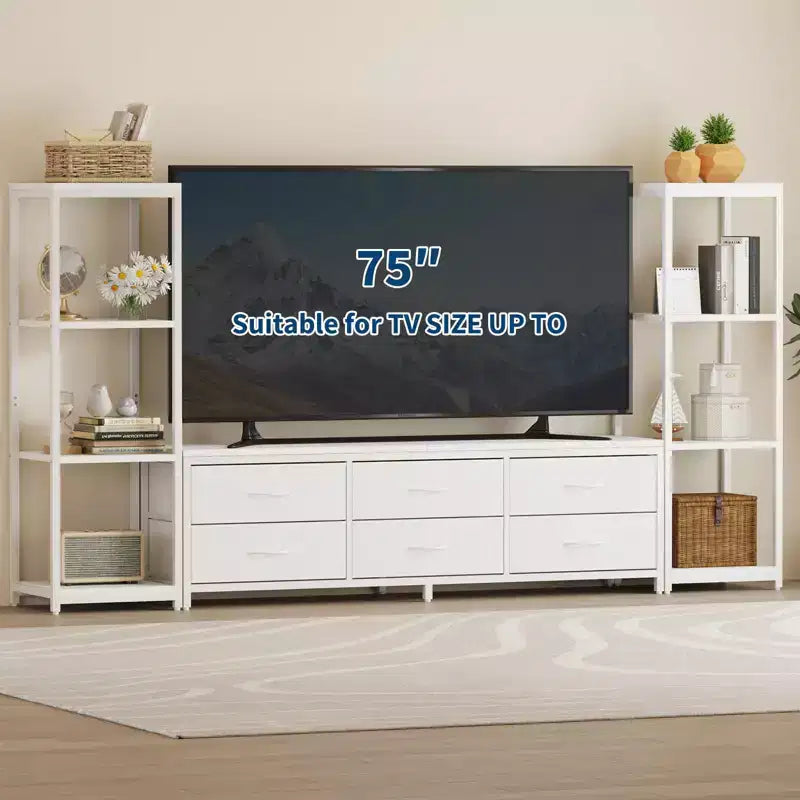 Mobile TV bianco e nero per TV fino a 75" – Cassetti in tessuto, ripiani aperti a 4 livelli, 6 o 9 cassetti, montaggio da 1 a 2 persone