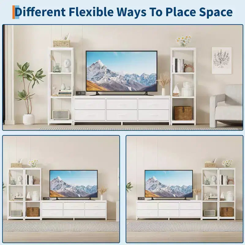 Mobile TV bianco e nero per TV fino a 75" – Cassetti in tessuto, ripiani aperti a 4 livelli, 6 o 9 cassetti, montaggio da 1 a 2 persone