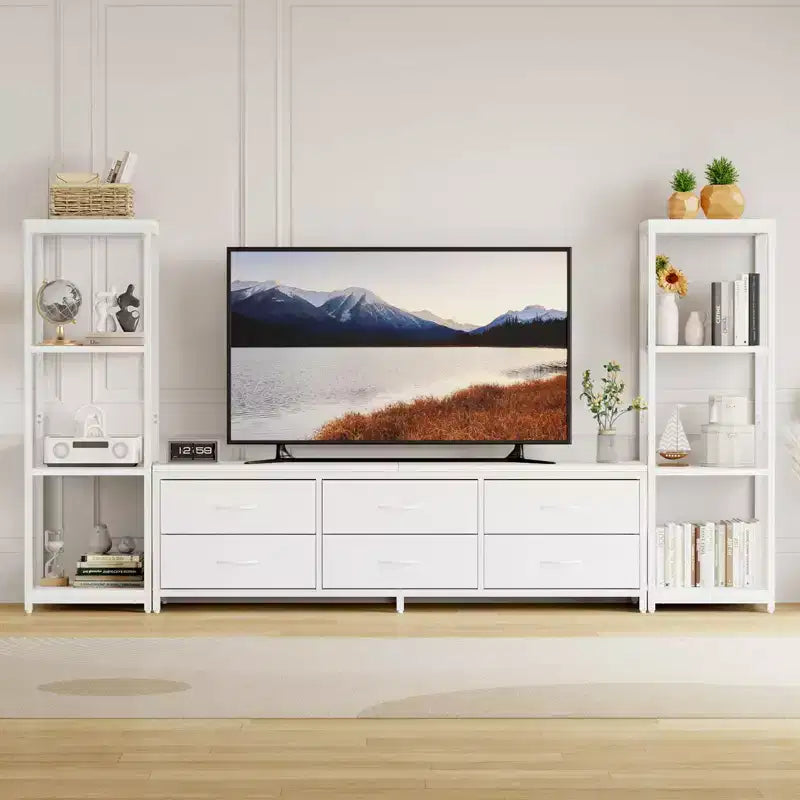 Mobile TV bianco e nero per TV fino a 75" – Cassetti in tessuto, ripiani aperti a 4 livelli, 6 o 9 cassetti, montaggio da 1 a 2 persone