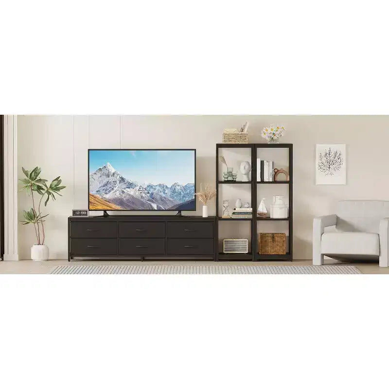 Mobile TV bianco e nero per TV fino a 75" – Cassetti in tessuto, ripiani aperti a 4 livelli, 6 o 9 cassetti, montaggio da 1 a 2 persone