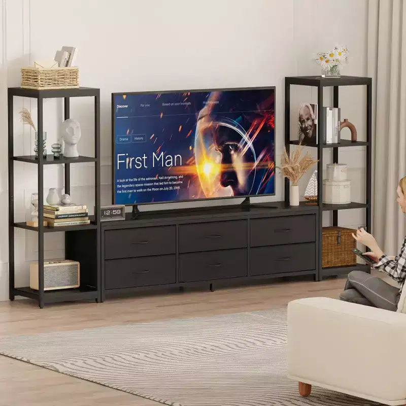 Mobile TV bianco e nero per TV fino a 75" – Cassetti in tessuto, ripiani aperti a 4 livelli, 6 o 9 cassetti, montaggio da 1 a 2 persone