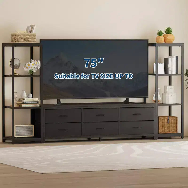 Mobile TV bianco e nero per TV fino a 75" – Cassetti in tessuto, ripiani aperti a 4 livelli, 6 o 9 cassetti, montaggio da 1 a 2 persone