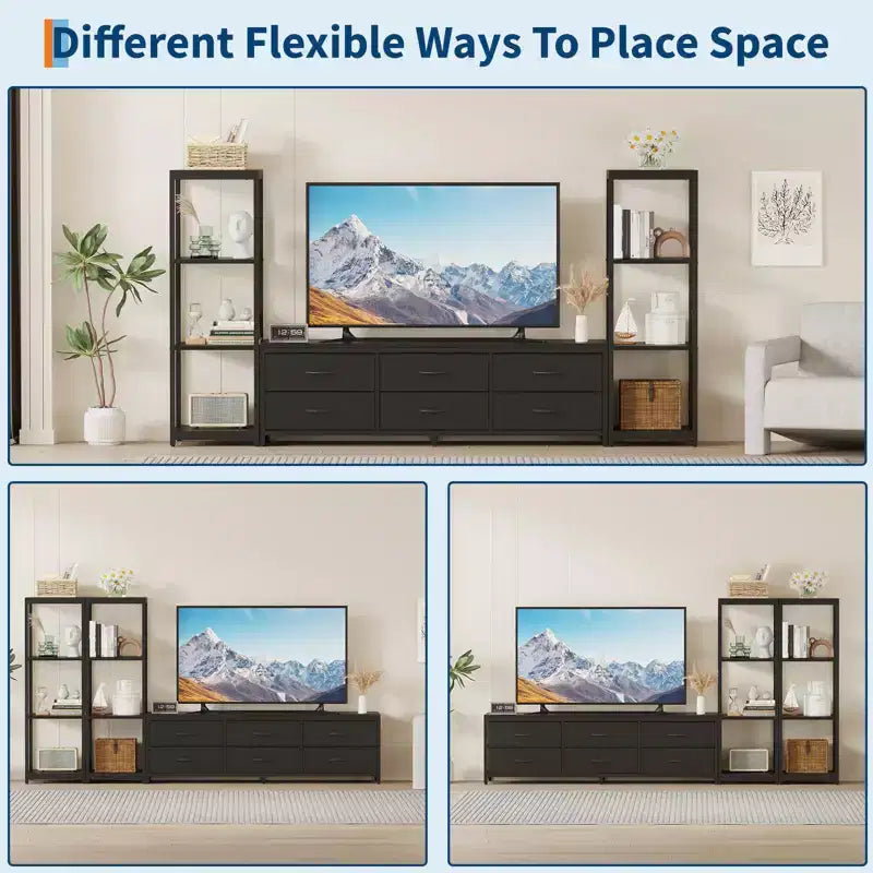 Mobile TV bianco e nero per TV fino a 75" – Cassetti in tessuto, ripiani aperti a 4 livelli, 6 o 9 cassetti, montaggio da 1 a 2 persone
