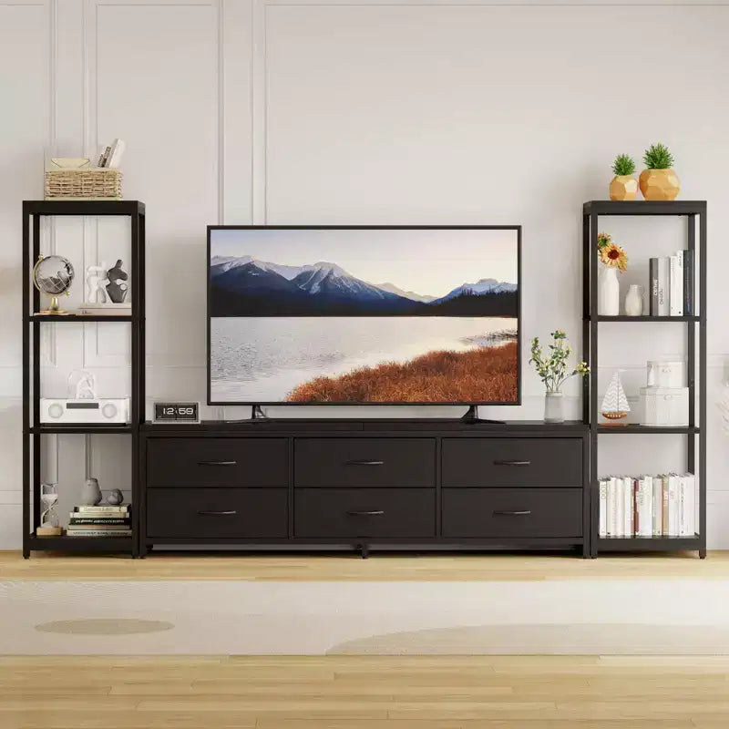 Mobile TV bianco e nero per TV fino a 75" – Cassetti in tessuto, ripiani aperti a 4 livelli, 6 o 9 cassetti, montaggio da 1 a 2 persone