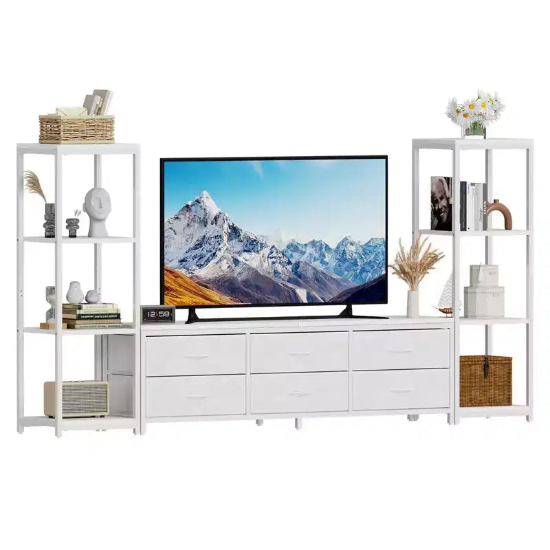 Mobile TV bianco e nero per TV fino a 75" – Cassetti in tessuto, ripiani aperti a 4 livelli, 6 o 9 cassetti, montaggio da 1 a 2 persone