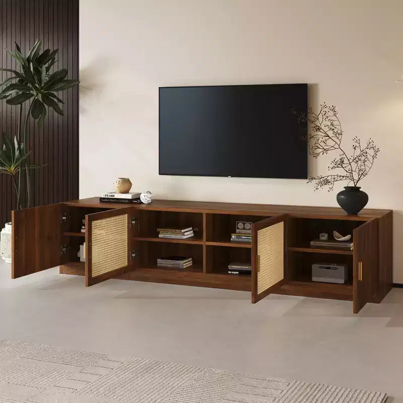 Mobile TV in noce con ante in rattan scanalato, 78", adatto per TV fino a 85", 4 vani contenitore