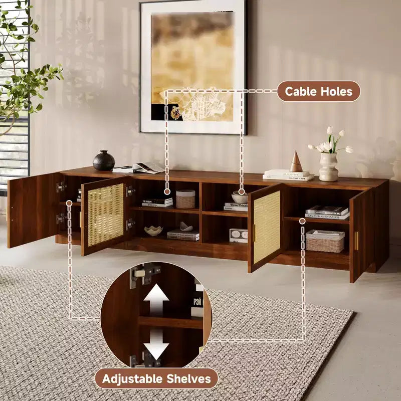 Mobile TV in noce con ante in rattan scanalato, 78", adatto per TV fino a 85", 4 vani contenitore