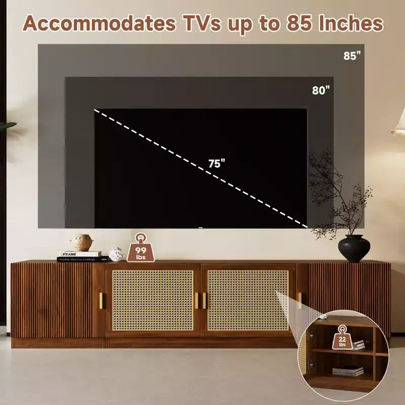 Mobile TV in noce con ante in rattan scanalato, 78", adatto per TV fino a 85", 4 vani contenitore