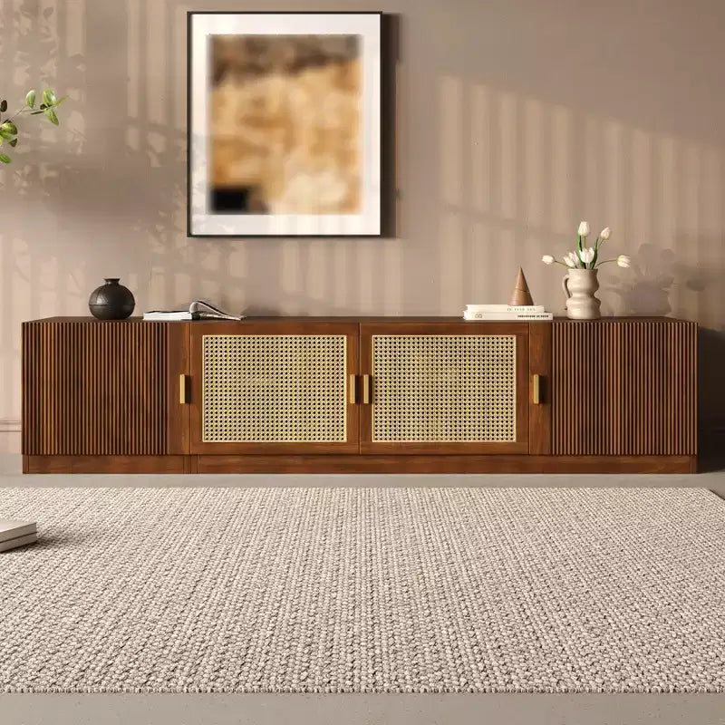 Mobile TV in noce con ante in rattan scanalato, 78", adatto per TV fino a 85", 4 vani contenitore