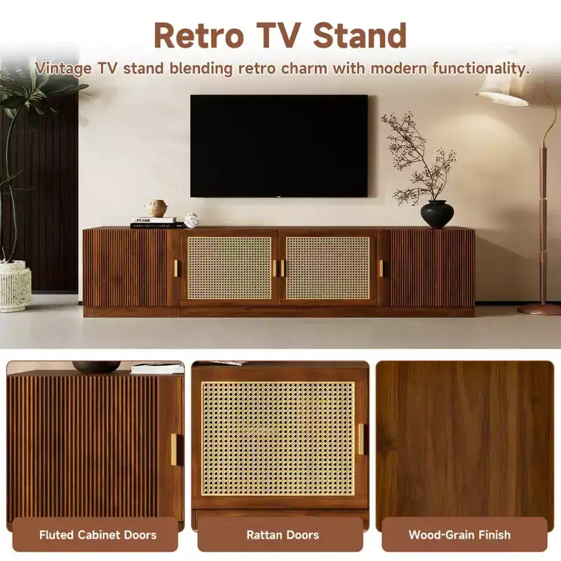 Mobile TV in noce con ante in rattan scanalato, 78", adatto per TV fino a 85", 4 vani contenitore
