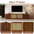 Mobile TV in noce con ante in rattan scanalato, 78", adatto per TV fino a 85", 4 vani contenitore