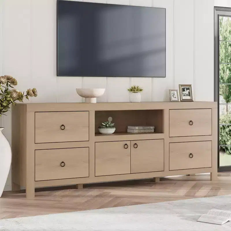 Mobile TV in bianco/legno, larghezza 178 cm, adatto per TV fino a 80", montaggio da 1 a 2 persone